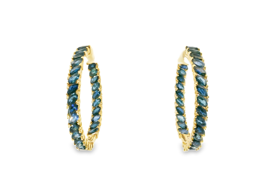 0.36CT Diamond 10.31CT Blue Sapphire HOOP 14k Yellow Gold  Earring