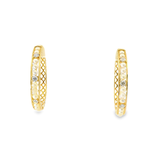 0.33CT Diamond  HOOP 14k Yellow Gold Pearl Earring