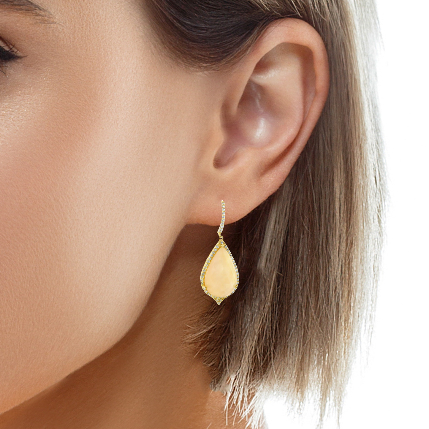 1.10CT Diamond with Faceted Pink Opal 14k Yellow Gold Earring