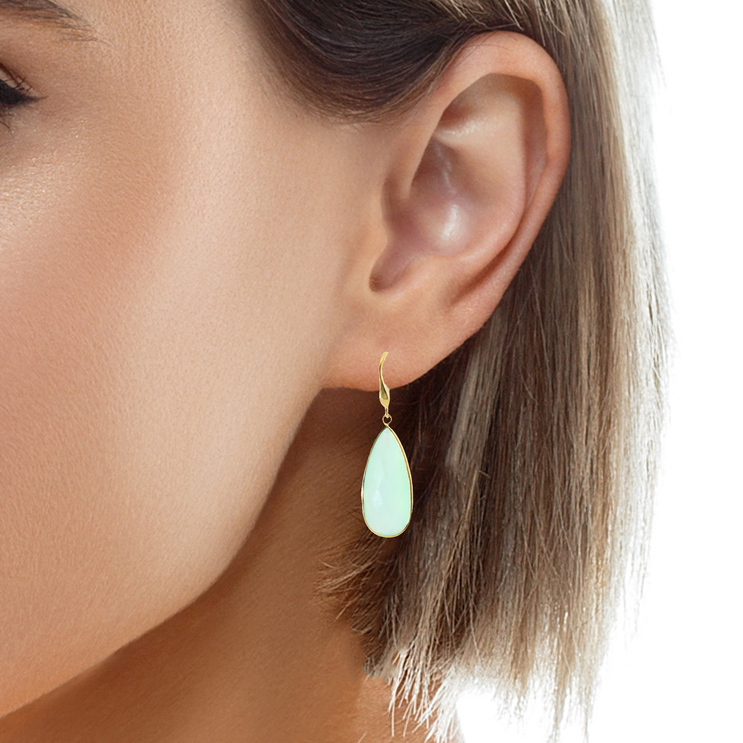 Plain Hoop With Turquoise Chalcedony Stone 14k Yellow Gold Earring