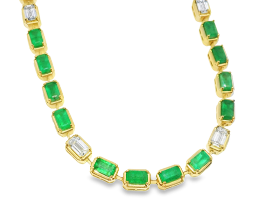 3.50CT Emerald Cut Lab Diamond 10.51CT Emerald 14K Yellow Gold Necklace