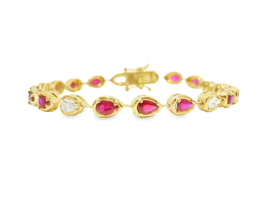 0.92CT Pear Shape Lab Diamond 3.07CT Ruby 14K Yellow Gold Bracelet