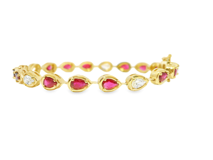0.92CT Pear Shape Lab Diamond 3.07CT Ruby 14K Yellow Gold Bracelet