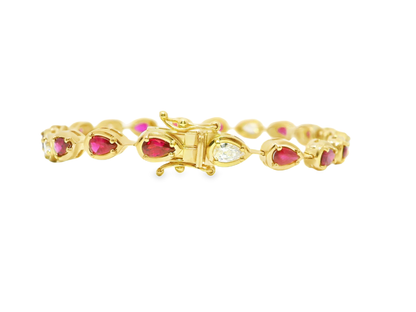0.92CT Pear Shape Lab Diamond 3.07CT Ruby 14K Yellow Gold Bracelet