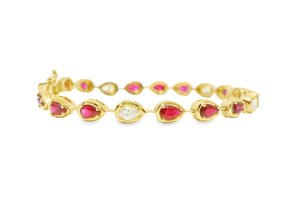 0.92CT Pear Shape Lab Diamond 3.07CT Ruby 14K Yellow Gold Bracelet