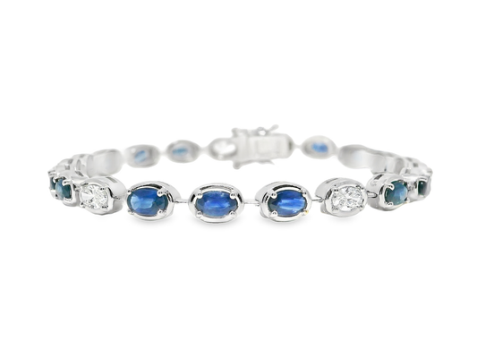 1.17CT Oval Lab Diamond 4.25CT Blue Sapphire 14K White Gold Bracelet