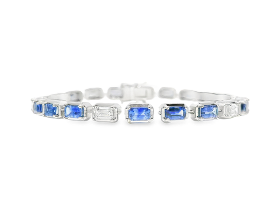 1.89CT Emerald Cut Lab Diamond 5.39CT Blue Sapphire 14K White Gold Bracelet