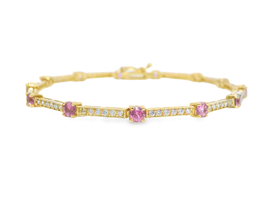 2.14ct Pink Sapphire 0.86ct Diamond Bracelet 14k Yellow Gold