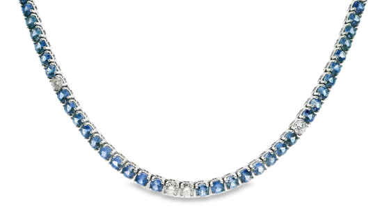 2.85CT Diamond 24.25CT Blue Sapphire Tennis Necklace 14k White Gold