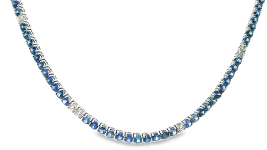 1.32CT Diamond 16.56CT Blue Sapphire Tennis Necklace 14k White Gold