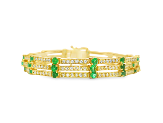 3.07CT Diamond 2.59CT Emerald Bracelet 14k Yellow Gold