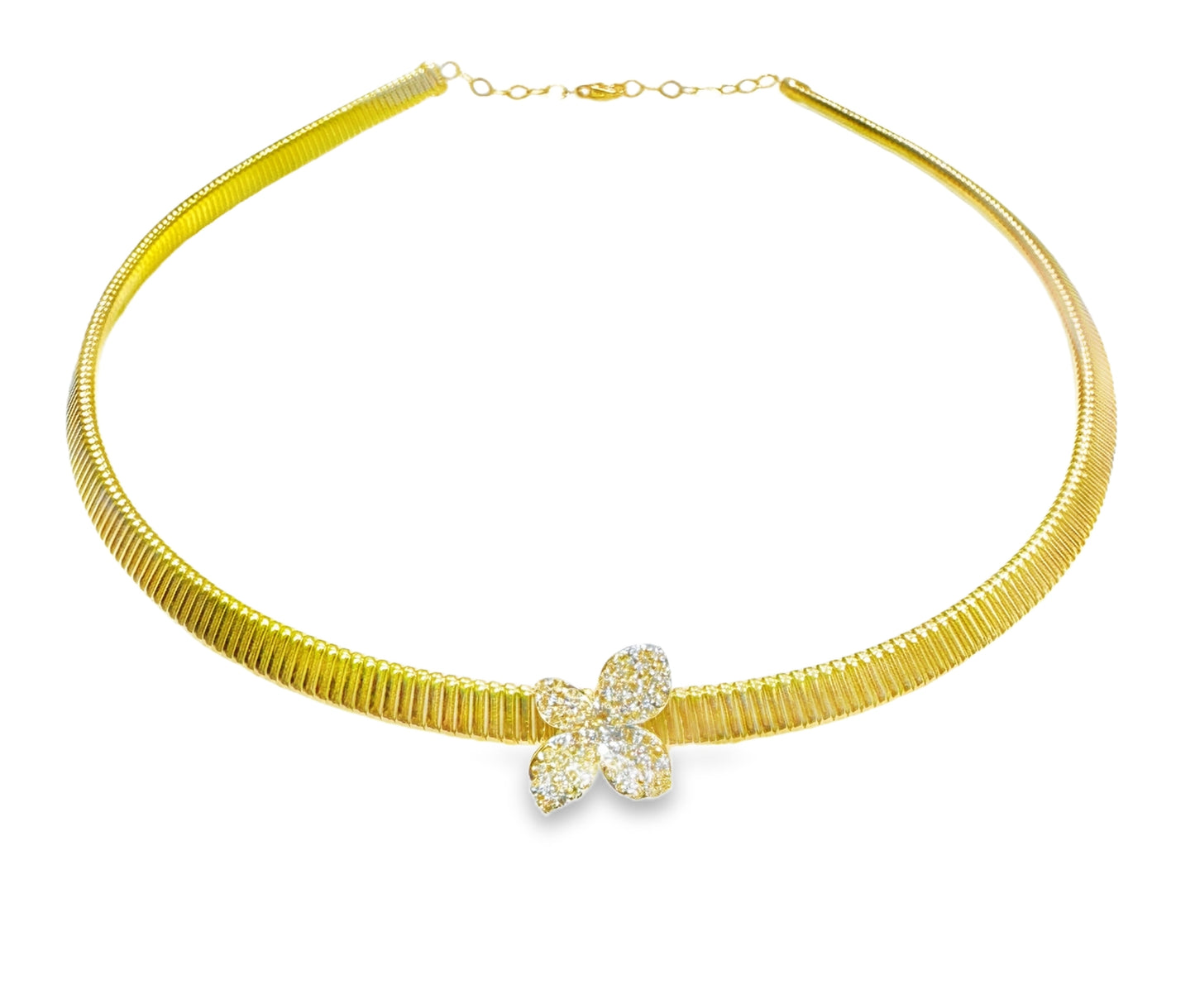 0.42CT Diamond Flower Plain Chain 14k Yellow Gold Necklace