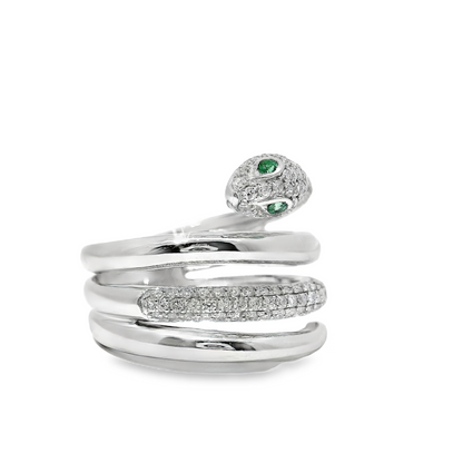 0.64CT Round Cut Diamonds .03CT Emerald Serpent Ring 14K Gold
