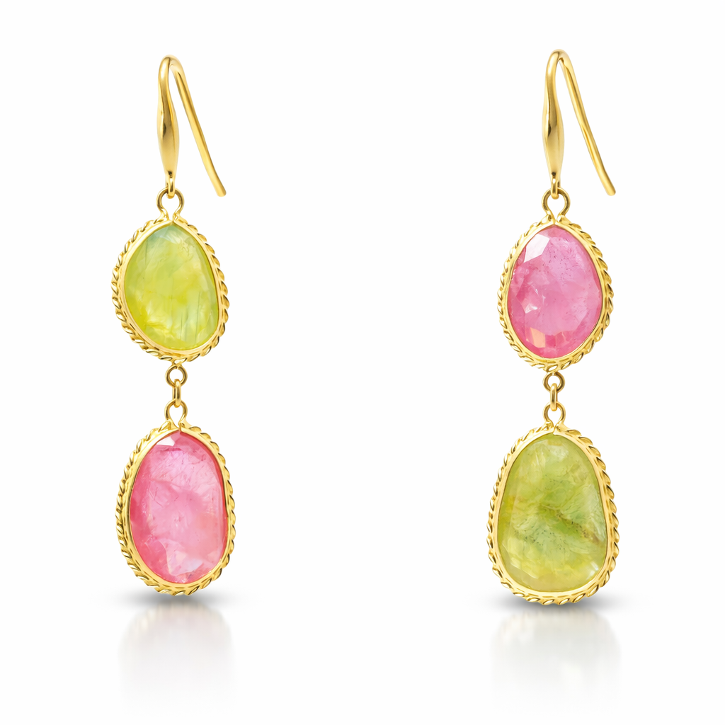 Pink and Green Sapphire 14k Yellow Gold Earring