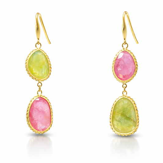Pink and Green Sapphire 14k Yellow Gold Earring