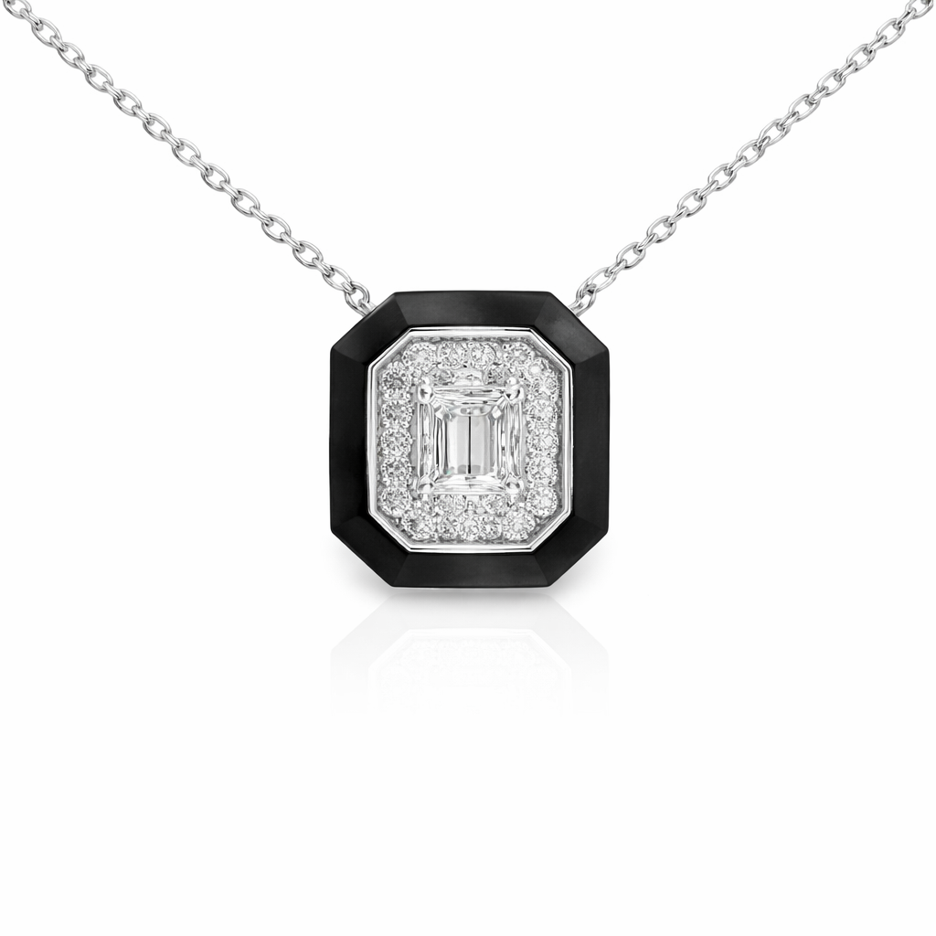 0.41Ct Diamond 1.40CT Black agate Pendant 14k White Gold
