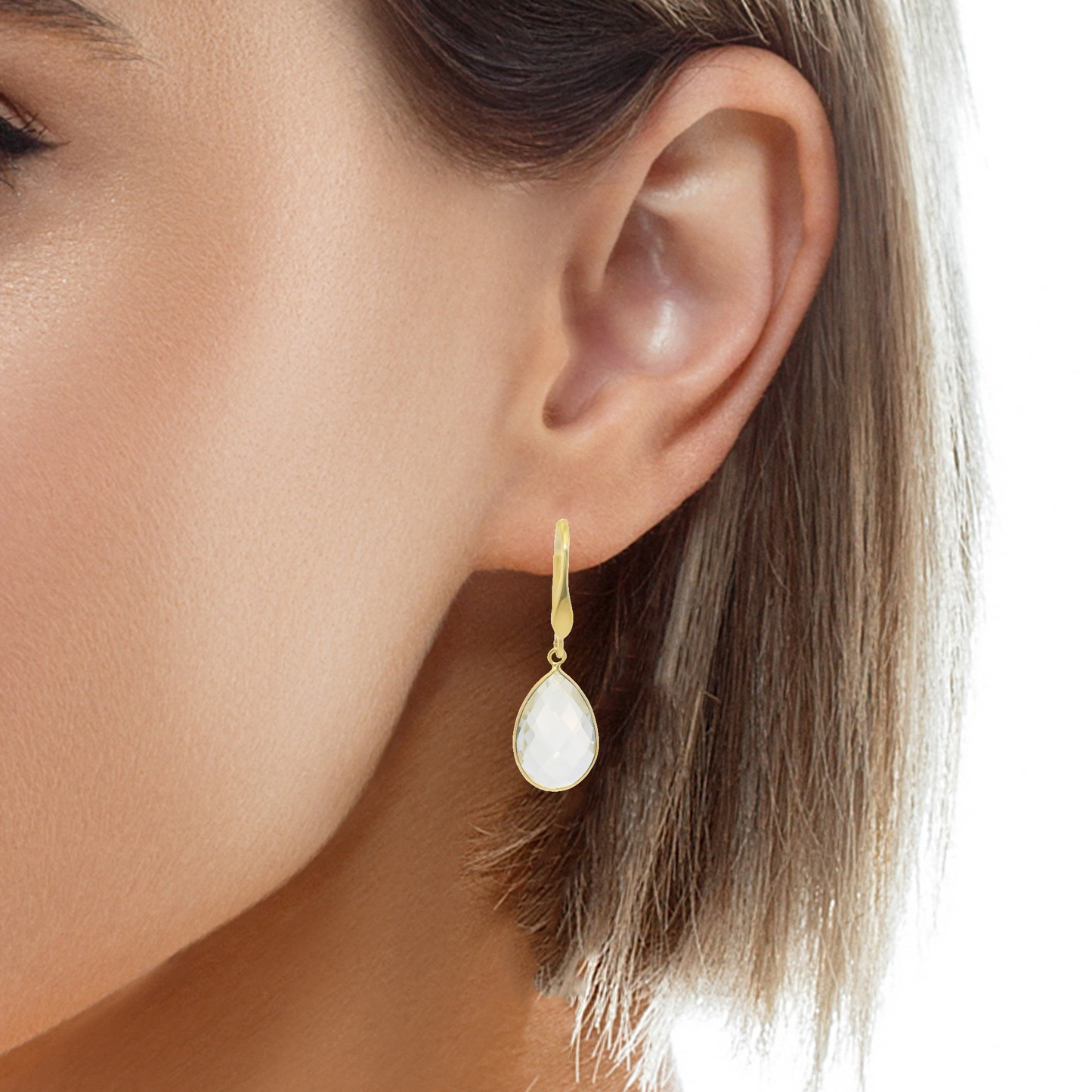 Clear Quartz Hoop Earring 14k Yellow Gold