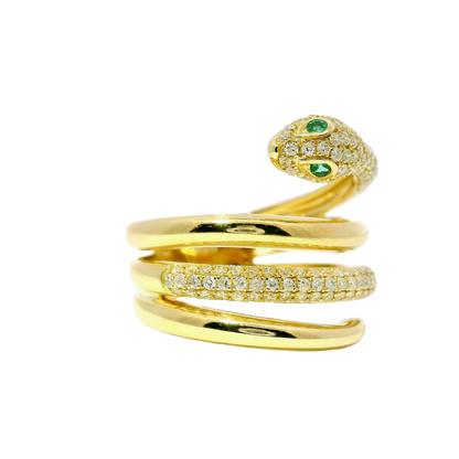 0.64CT Round Cut Diamonds .03CT Emerald Serpent Ring 14K Gold