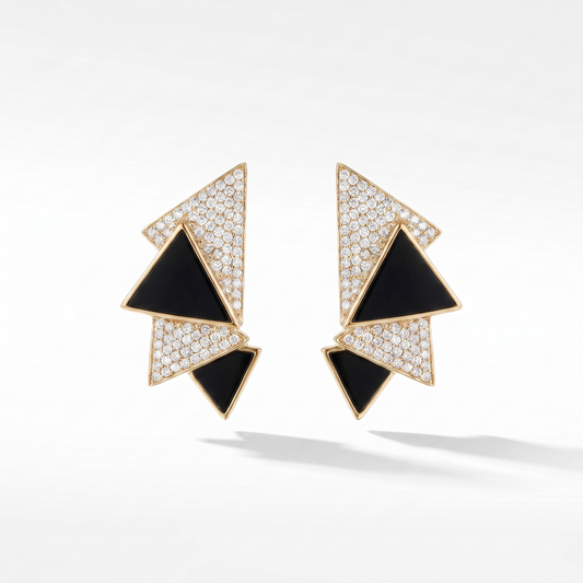 14K Gold Black Onyx & Diamond Geometric Earrings