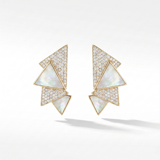 14K Gold White Mother of Pearl & Diamond Geometric Earrings