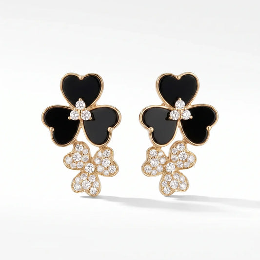 14K Gold Black Onyx & Diamond Flower Earrings