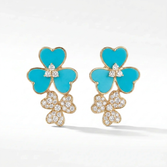 14K Gold Turquoise & Diamond Flower Earrings