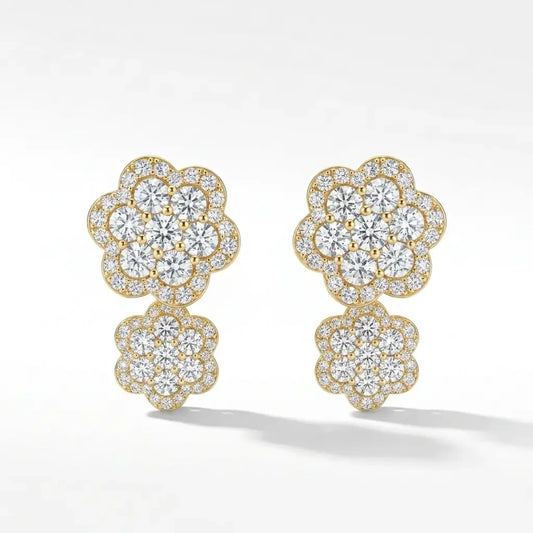 14K Gold Diamond Cluster Flower Earrings