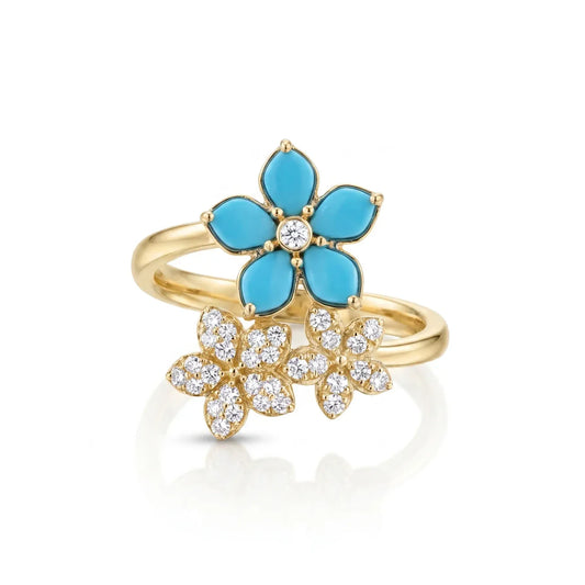 14K Gold Turquoise & Diamond Flower Ring