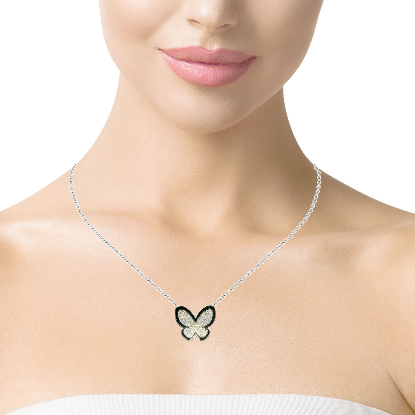 0.25CT Diamond With Black Enamel Butterfly Pendant 14k White Gold