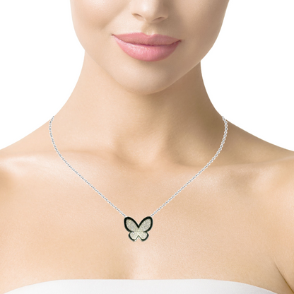 0.25CT Diamond With Black Enamel Butterfly Pendant 14k White Gold