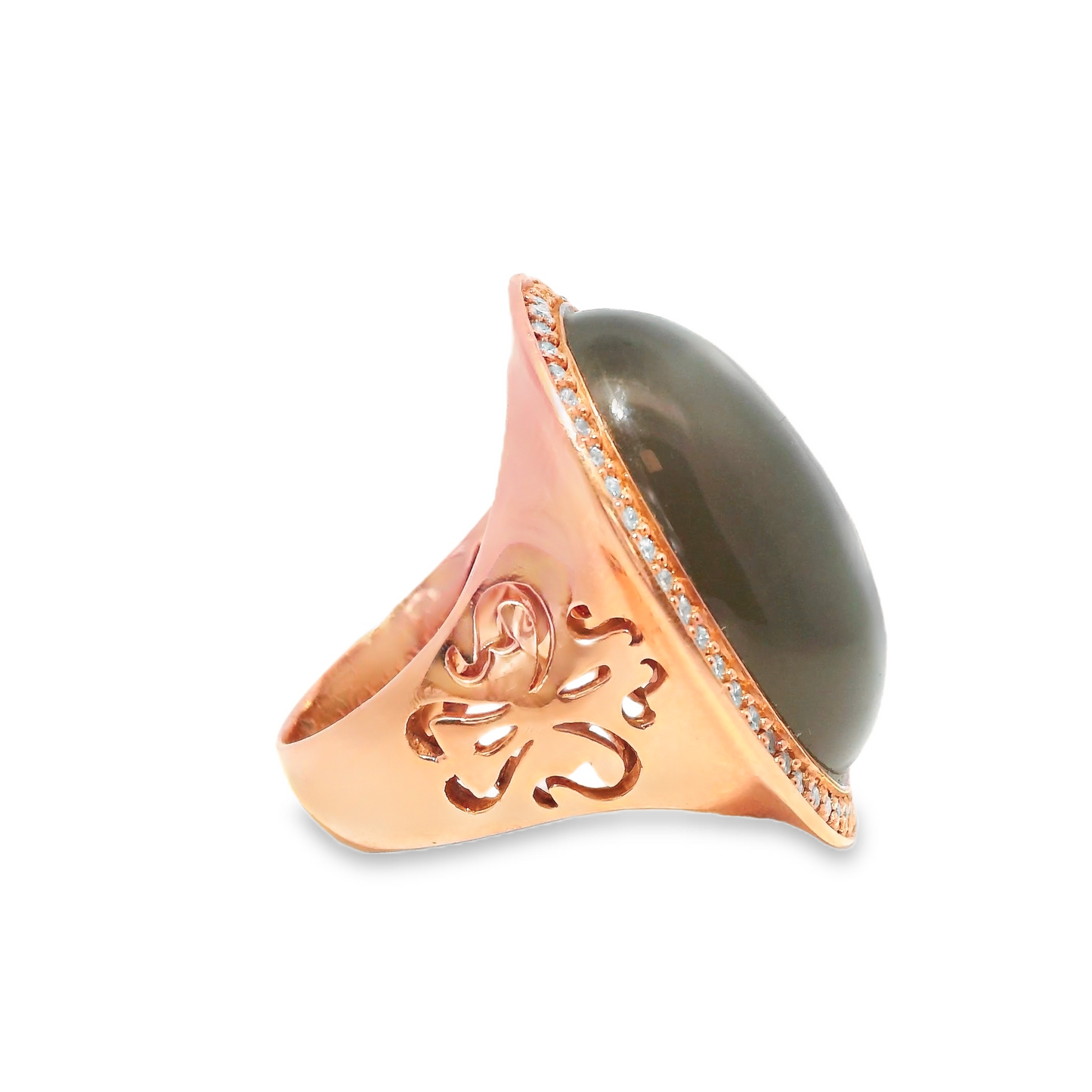 0.58CT Diamond with Cabochon Grey Quartz Doublet Ring 14k Rose Gold
