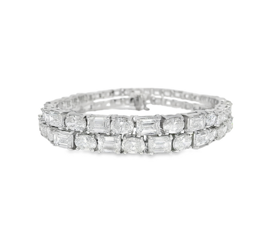 26.47CT Oval and Emerald Cut Lab Diamond 2 Row Tennis Bracelet 14K White Gold