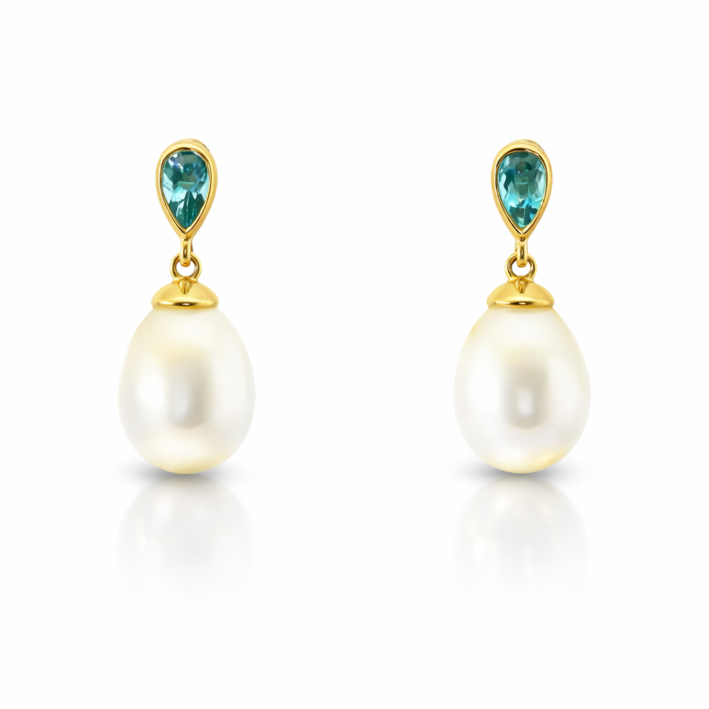 0.55CT Blue Topaz  14k Yellow Gold Pearl Earring