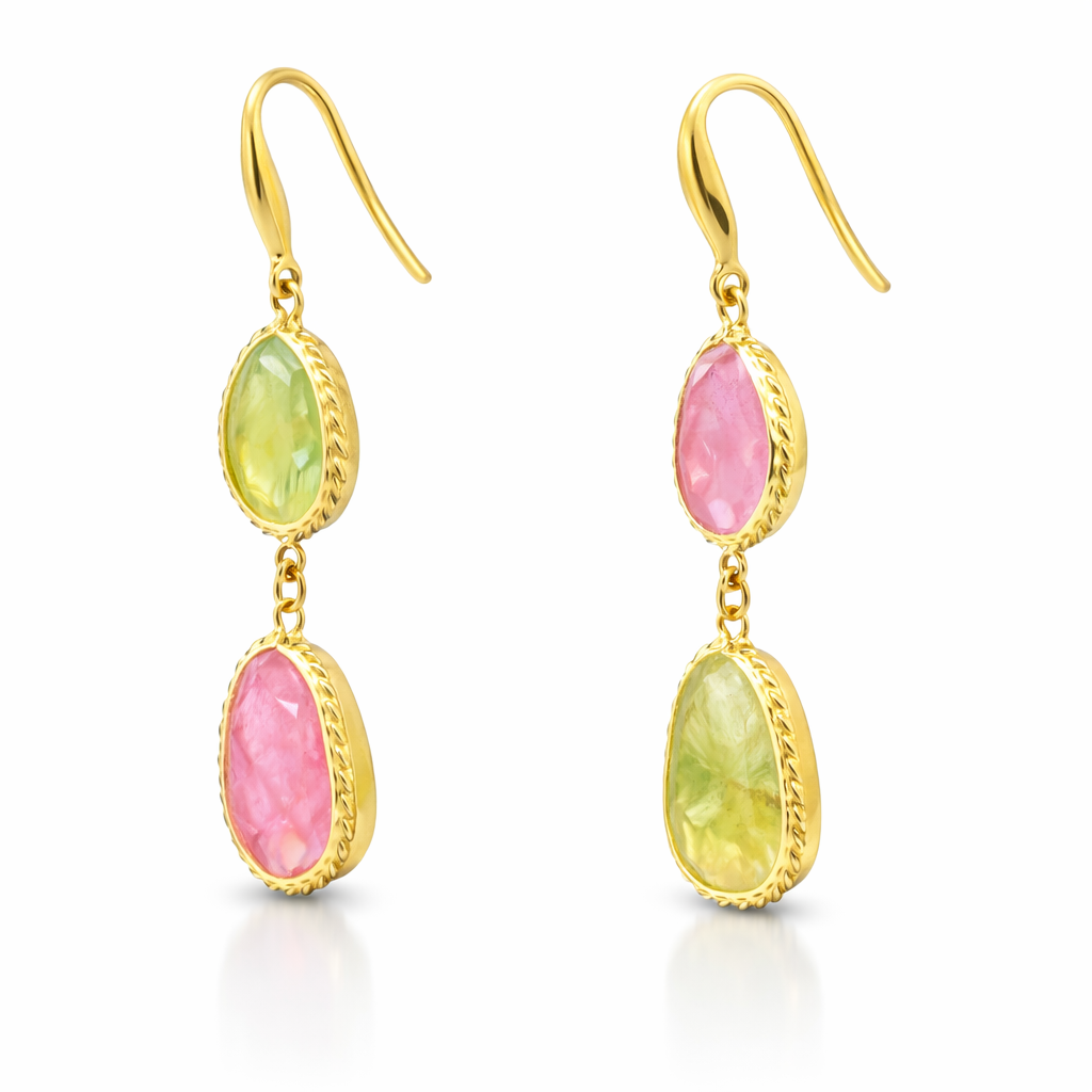 Pink and Green Sapphire 14k Yellow Gold Earring
