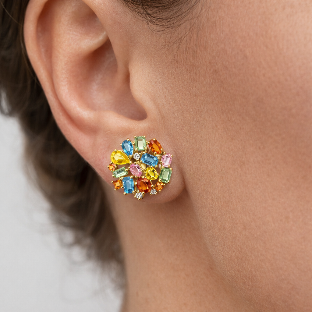 0.17CT Diamond 7.85CT Multi Sapphire 14k Yellow Gold Earring
