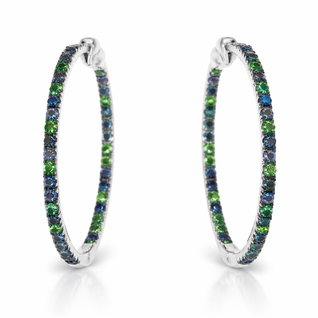1.05CT Mixed Sapphire HOOP 14k White Gold Earring