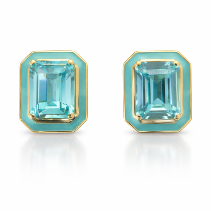 Swiss Blue Topaz Enamel 14k Yellow Gold Earring