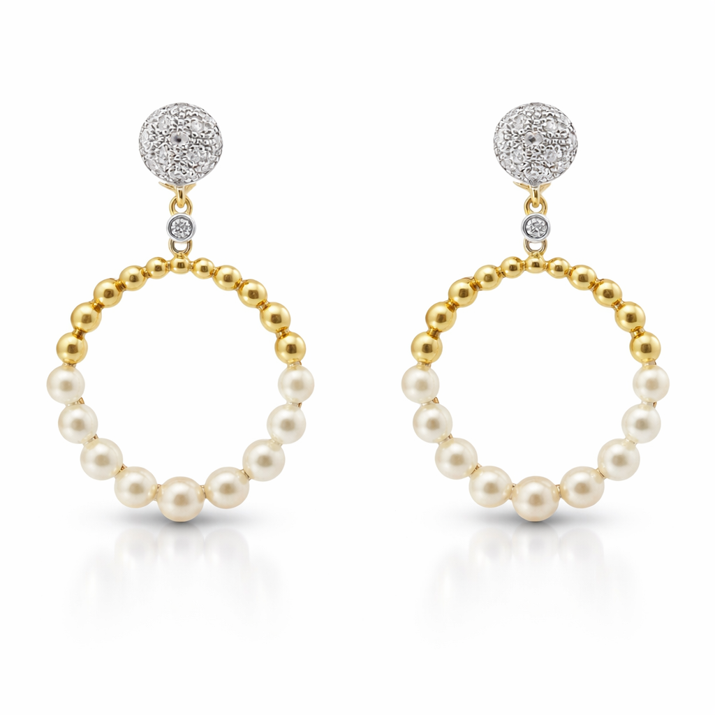 0.09CT Diamond  14k Yellow Gold Pearl Earring