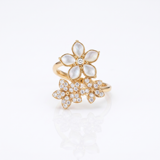 14K Gold White Mother of Pearl & Diamond Flower Ring