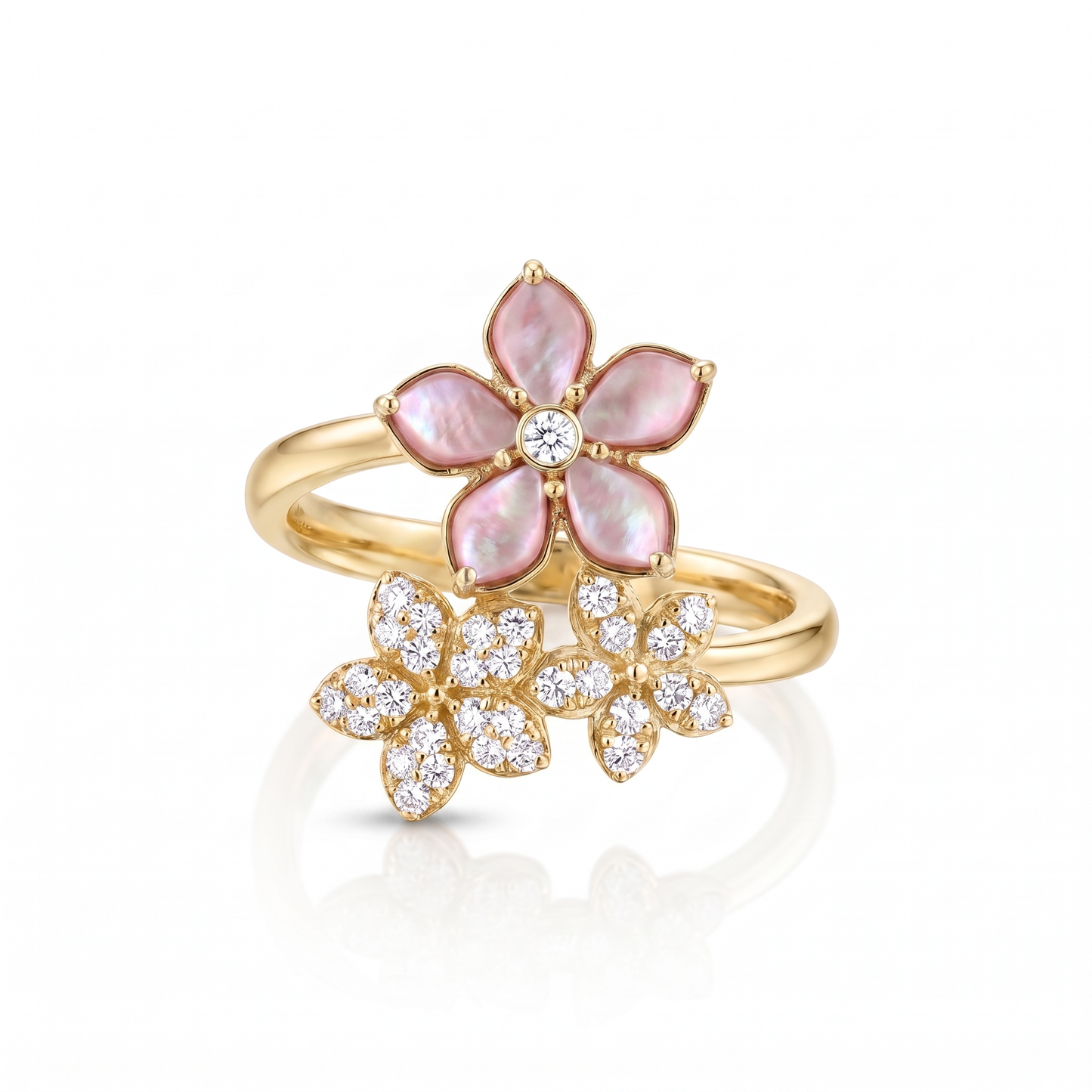 14K Gold Pink Mother of Pearl & Diamond Flower Ring