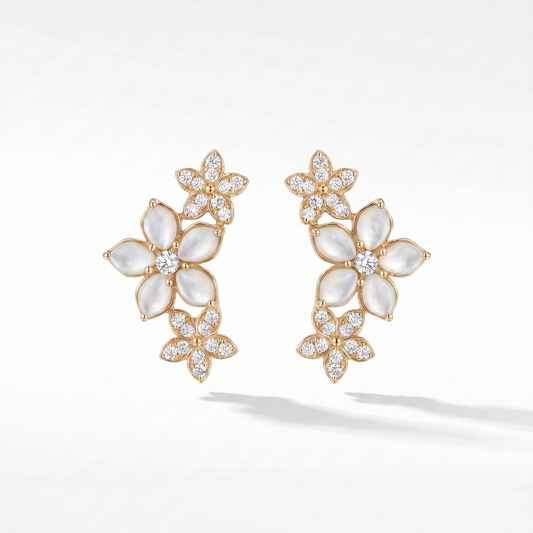 14K Gold White Mother of Pearl & Diamond Flower Earrings