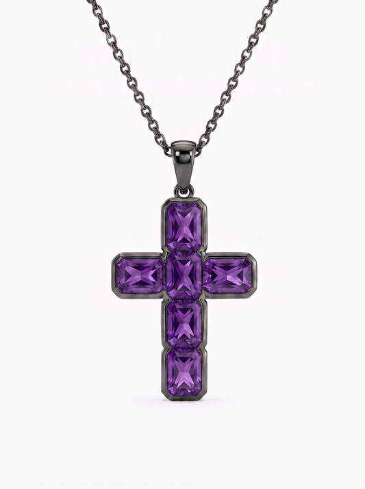 Amethyst Cross Pendant 14k Gold — Violet Obsidian