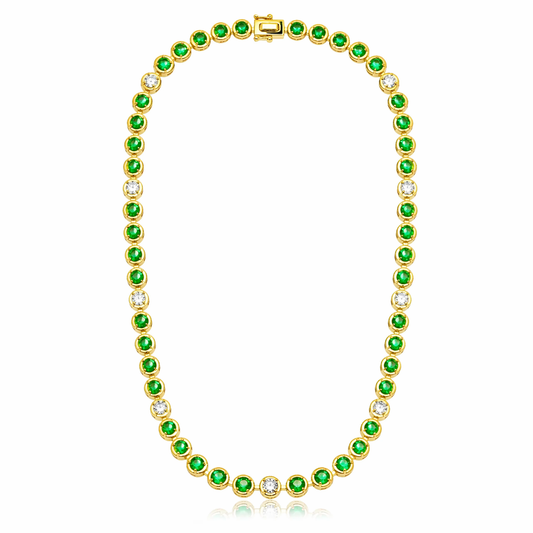 2.63CT Round Lab Diamond 9.65CT Emerald 14K Yellow Gold Necklace