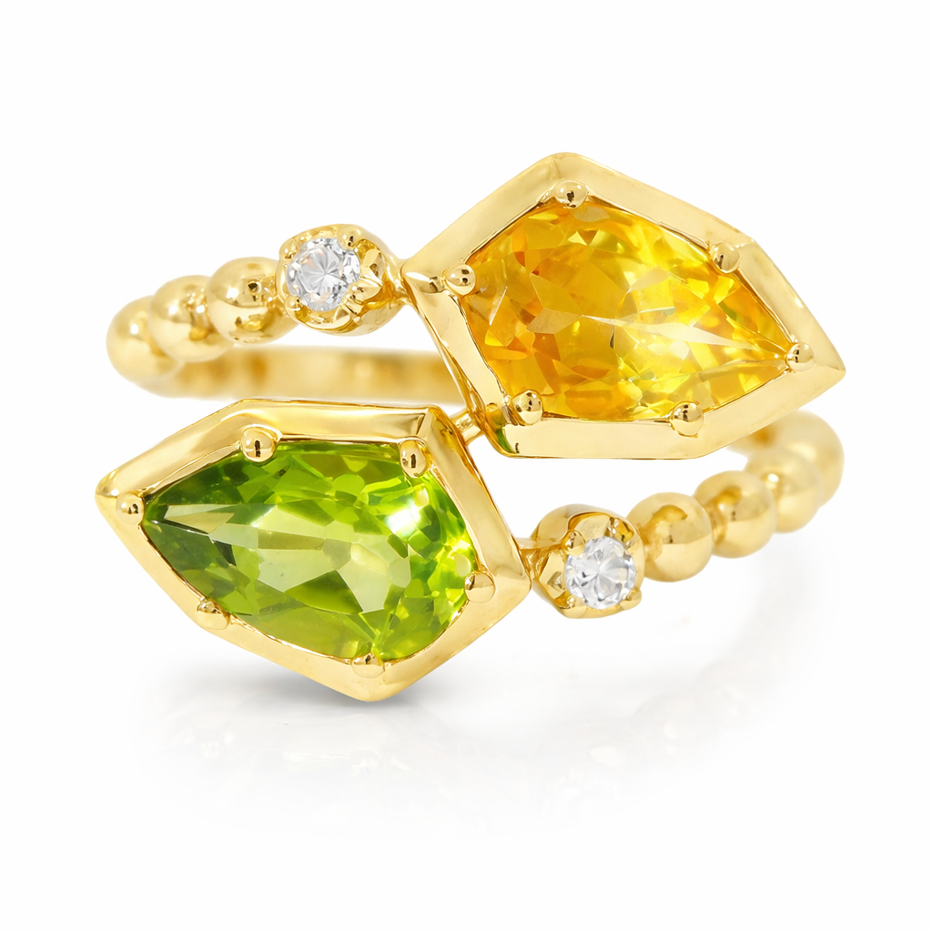 0.05CT Diamond and 1.75CT Green Peridot and Citrine Ring 14K Yellow Gold