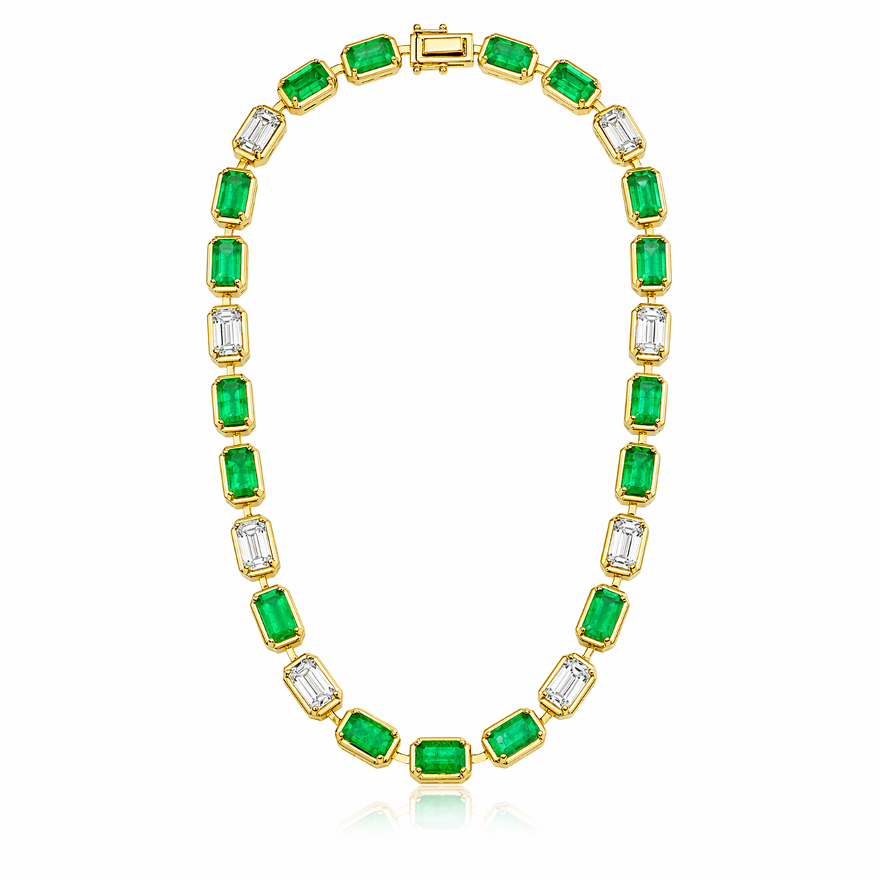 3.50CT Emerald Cut Lab Diamond 10.51CT Emerald 14K Yellow Gold Necklace