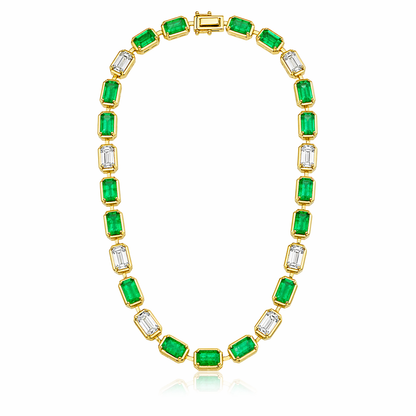 3.50CT Emerald Cut Lab Diamond 10.51CT Emerald 14K Yellow Gold Necklace