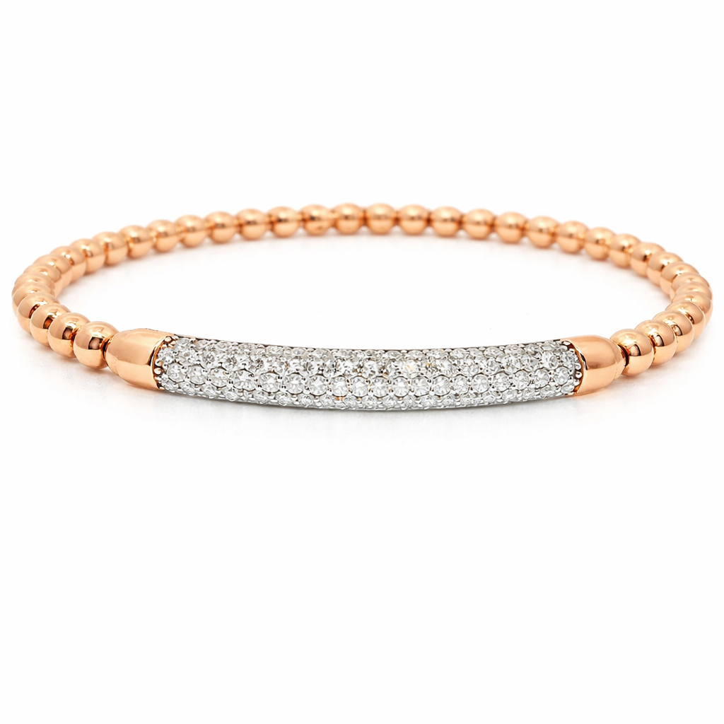 1.08CT Diamond ID Plain Beads Stretch Bangle 14k  Gold