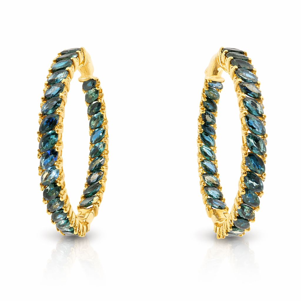 0.36CT Diamond 10.31CT Blue Sapphire HOOP 14k Yellow Gold  Earring