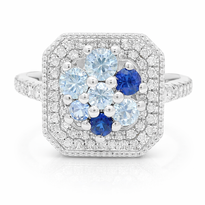 0.33CT Diamond and 0.66CT Multi Blue Sapphire Ring 14K White Gold