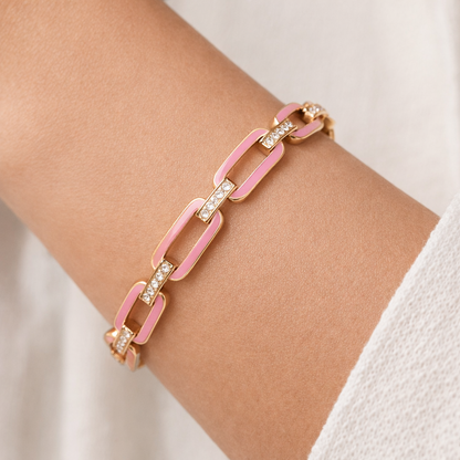 0.33CT Diamond Bracelet with Pink Enamel 14k Yellow Gold